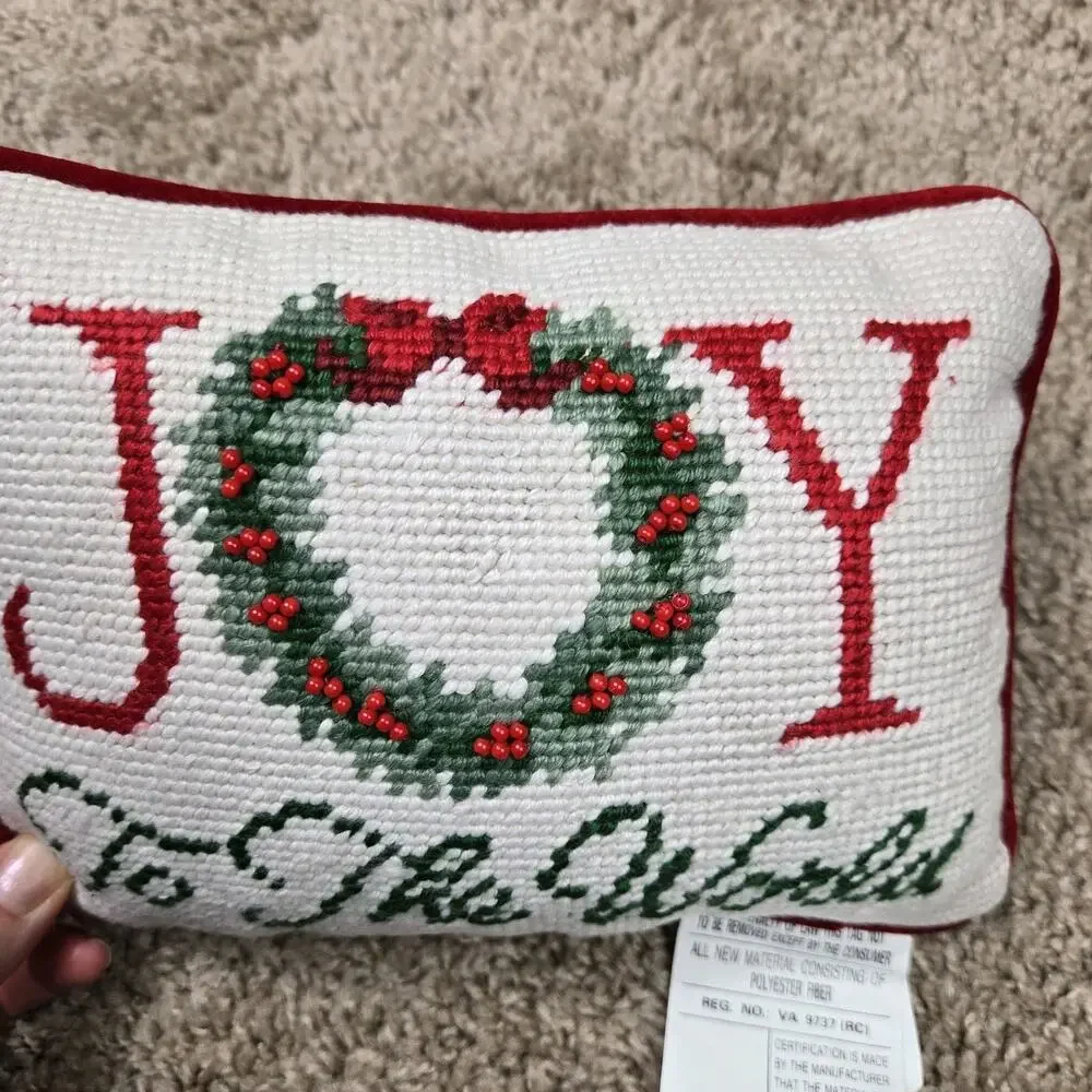 Joy to the World Needlepoint Small‎ Pillow Beaded Wreath Berries Christmas By CF
